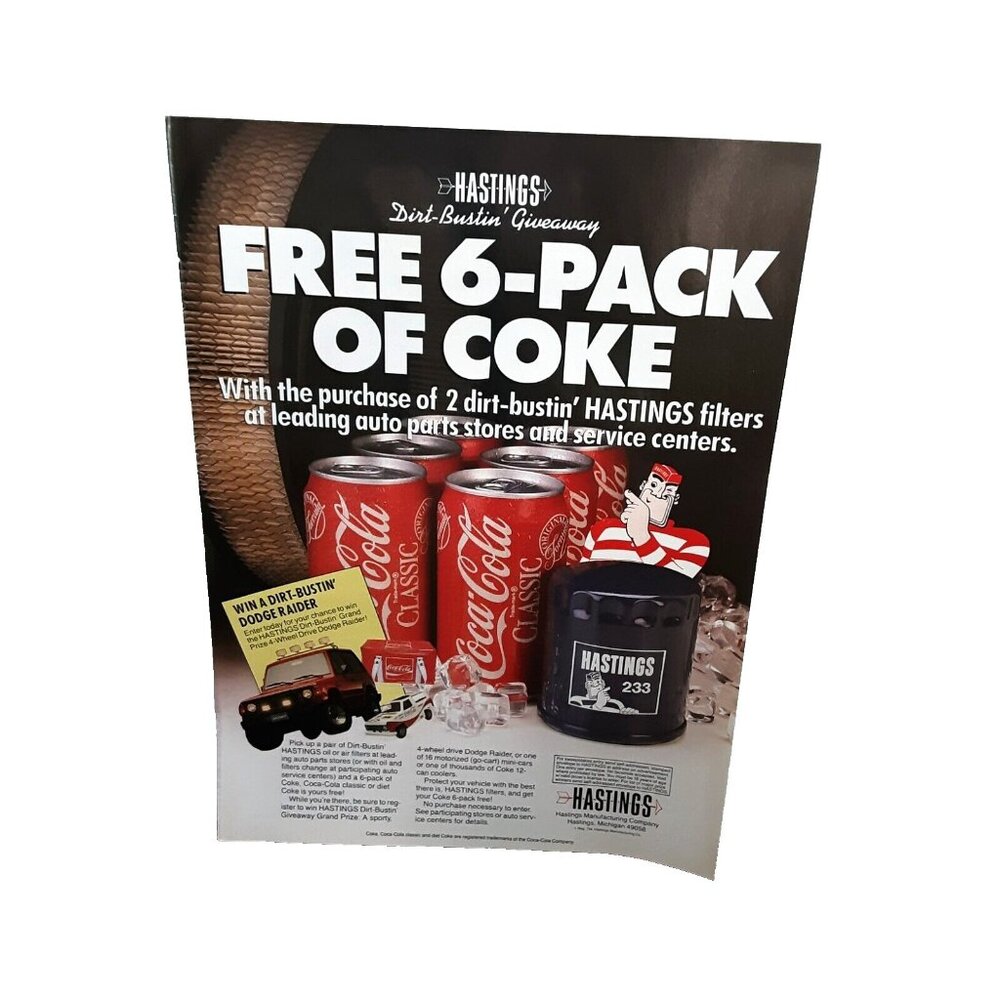 1987 Hastings Dirt Bustin Oil Air Filter Coca Cola Classic Original Print Ad